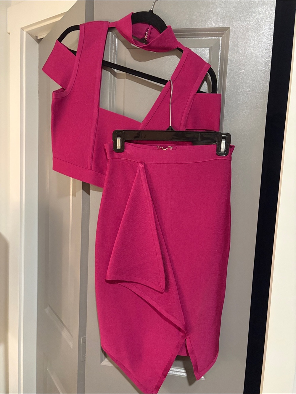 bebe Fuchsia Two-Piece Midi Skirt & Crop Top Set